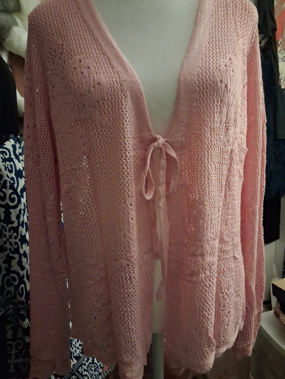 New,Tag,Pink Open-Knit Bow Tie-Front Hollow Out Crochet Sweater Cardigan Size M.